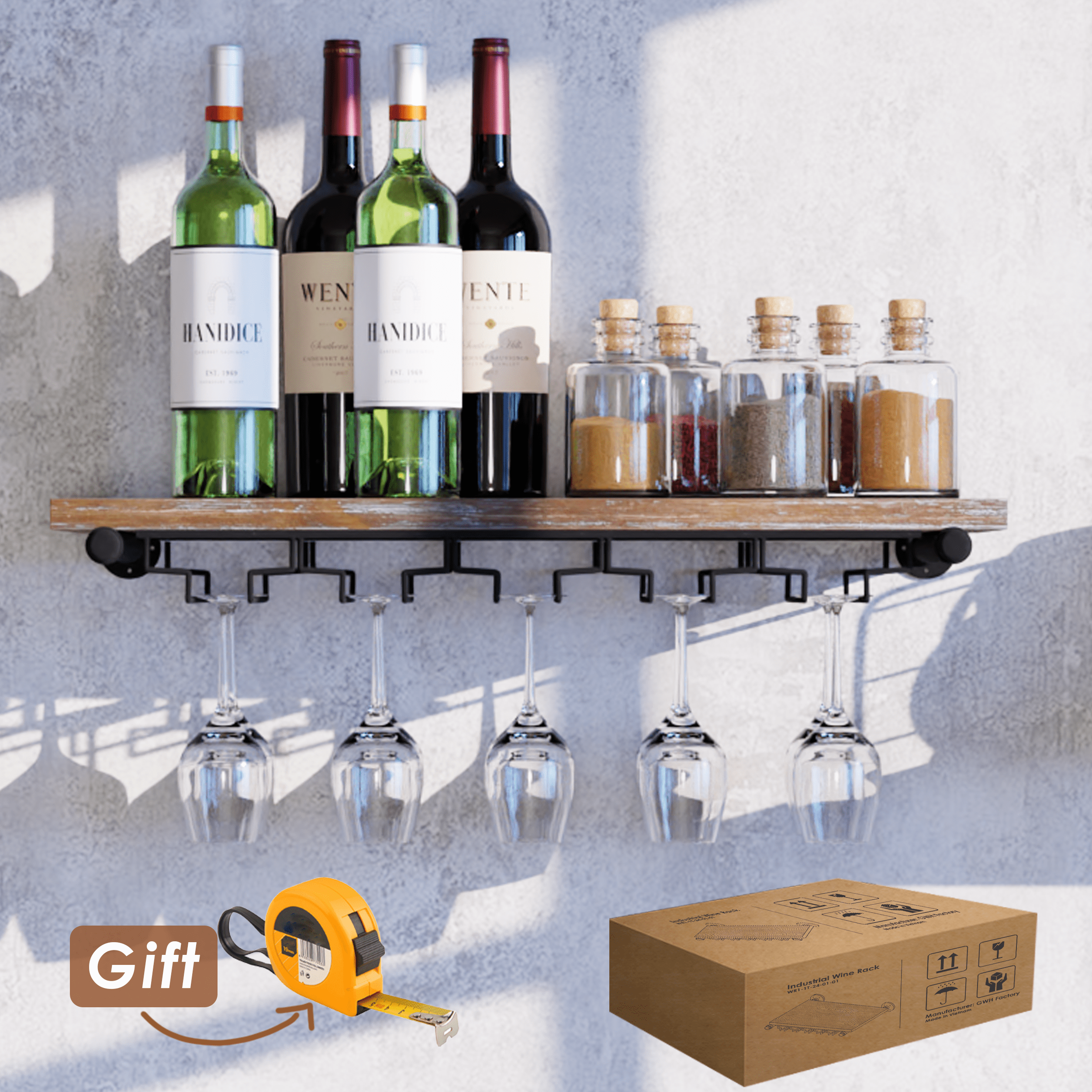 A stylish 1 Tier 24in Industrial Wine Rack Wall Mounted made from solid pine wood and galvanized steel, showcasing wine bottles elegantly.