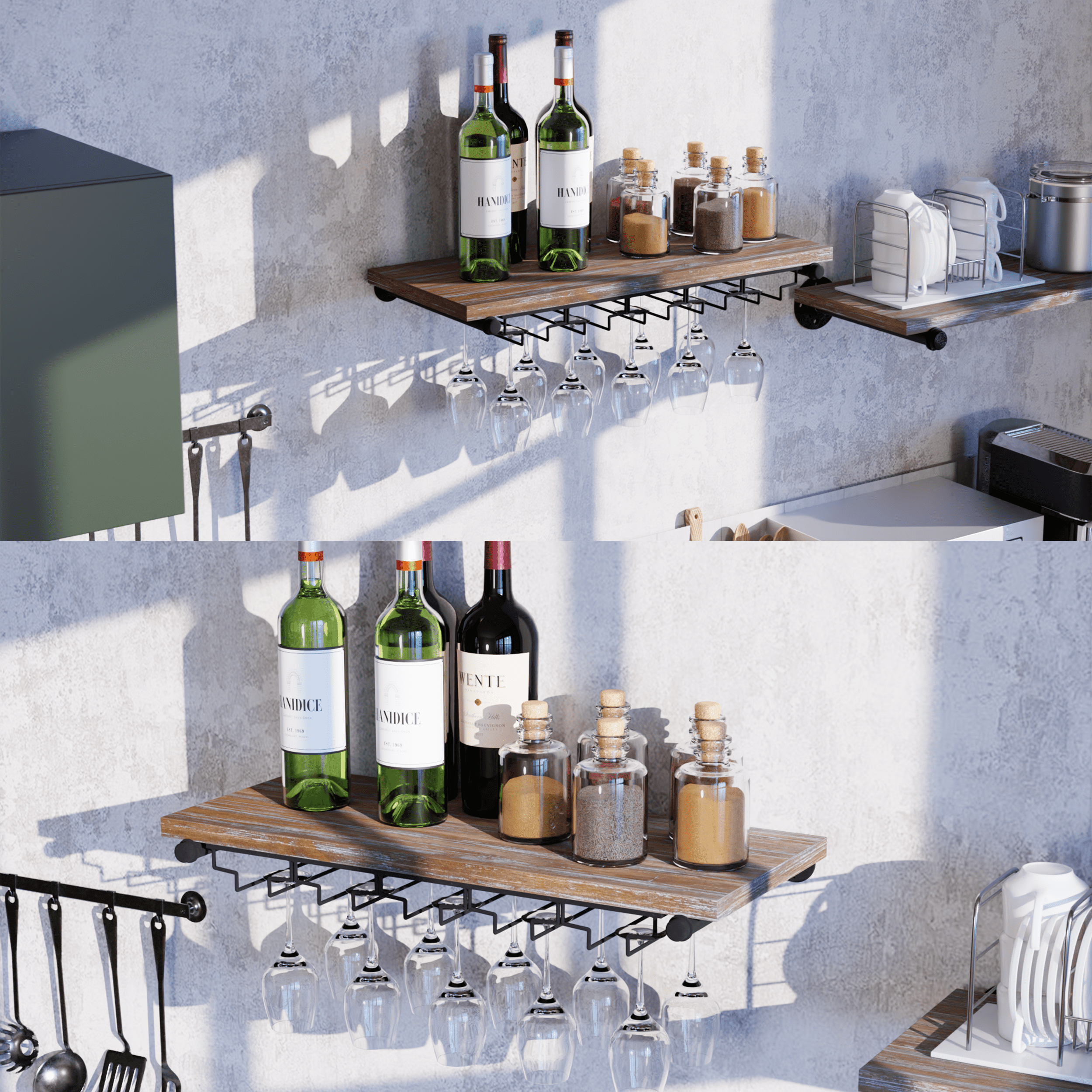 A stylish 1 Tier 24in Industrial Wine Rack Wall Mounted made from solid pine wood and galvanized steel, showcasing wine bottles elegantly.