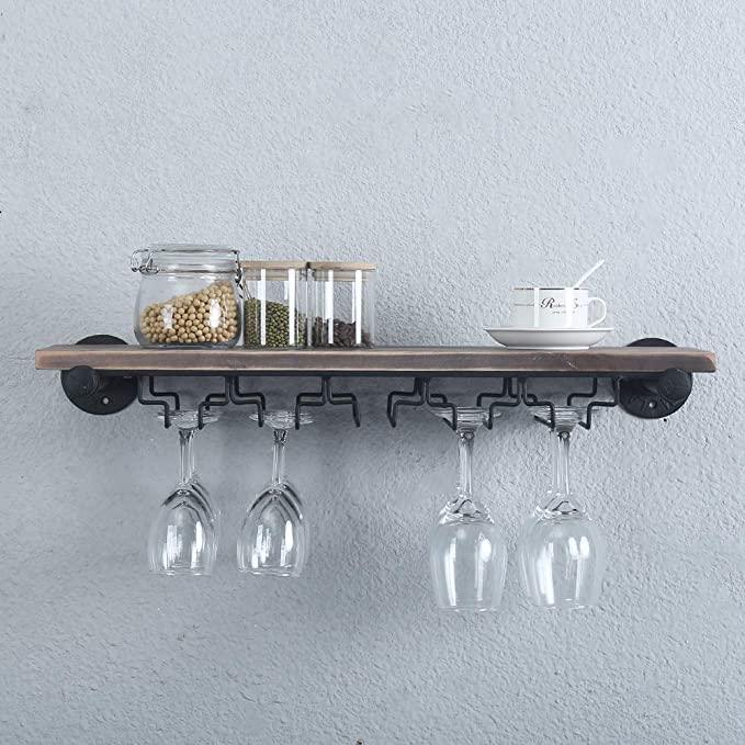 A stylish 1 Tier 24in Industrial Wine Rack Wall Mounted made from solid pine wood and galvanized steel, showcasing wine bottles elegantly.