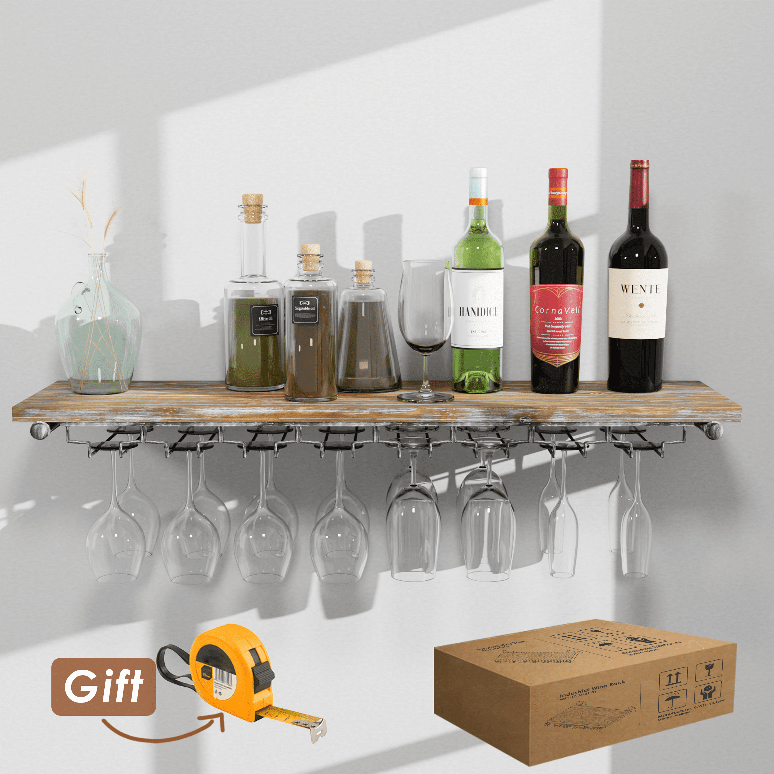 1 Tier - 36in Industrial Wine Rack Wall Mounted made of solid pine wood and galvanized steel, showcasing wine bottles elegantly on a wall.