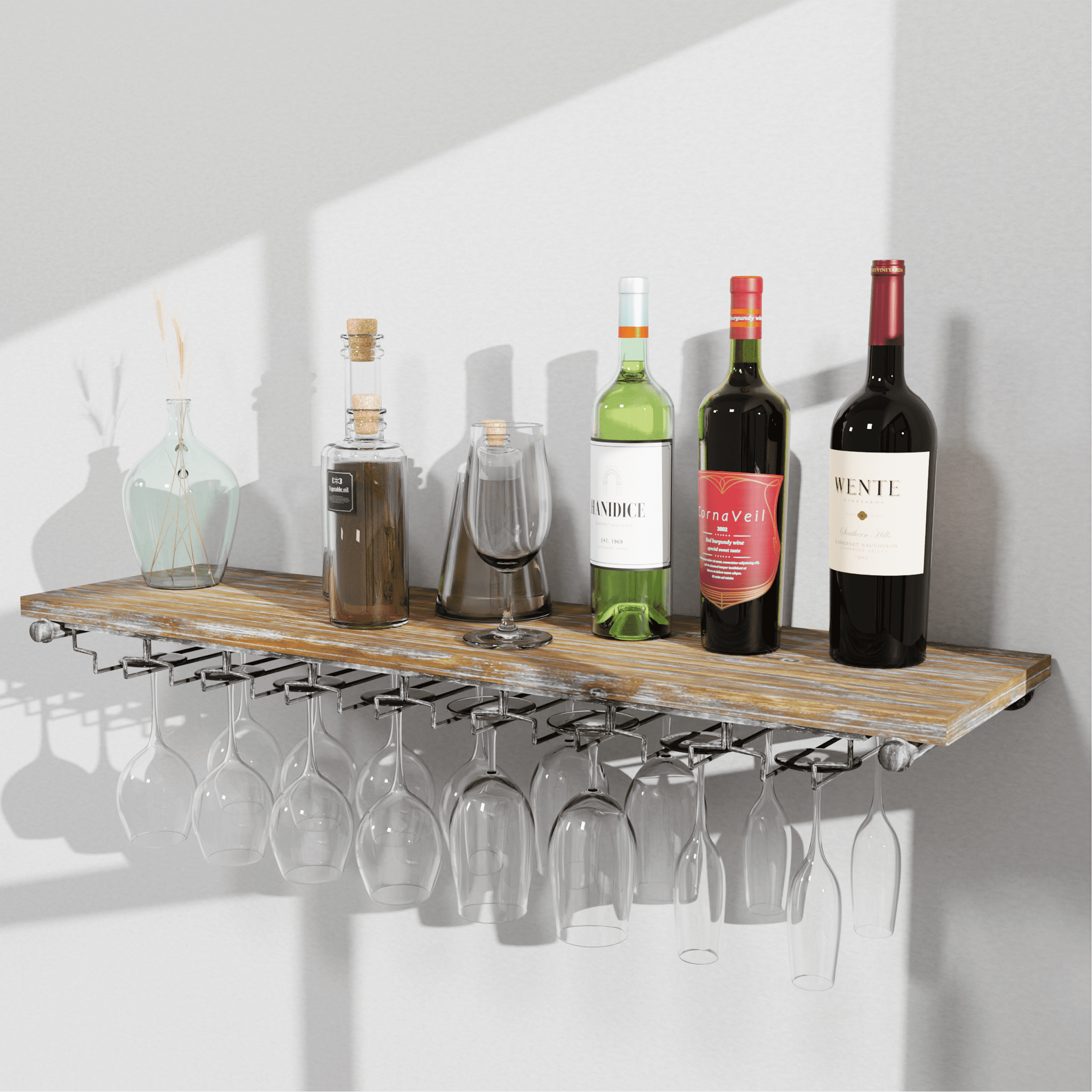 1 Tier - 36in Industrial Wine Rack Wall Mounted made of solid pine wood and galvanized steel, showcasing wine bottles elegantly on a wall.