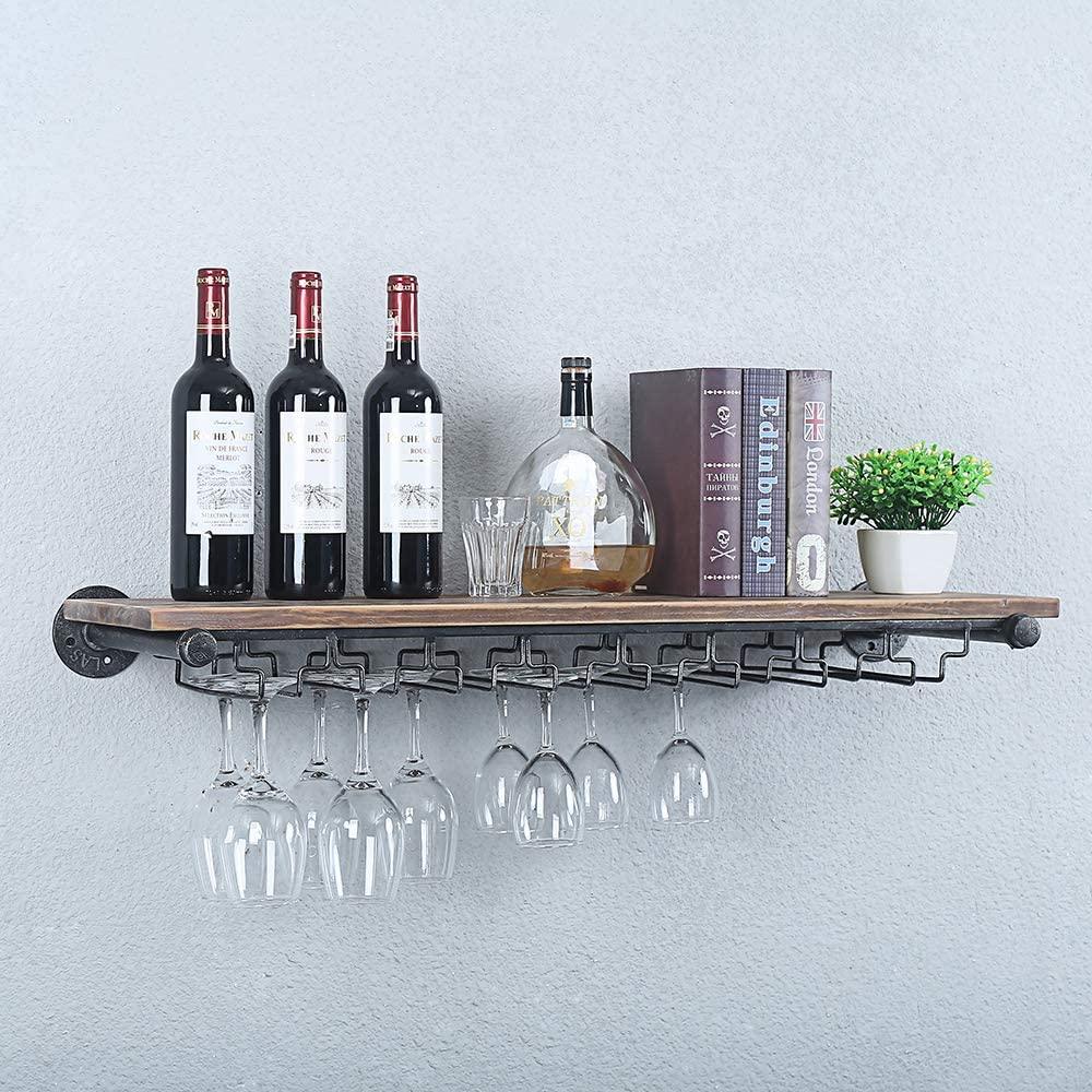 1 Tier - 36in Industrial Wine Rack Wall Mounted made of solid pine wood and galvanized steel, showcasing wine bottles elegantly on a wall.