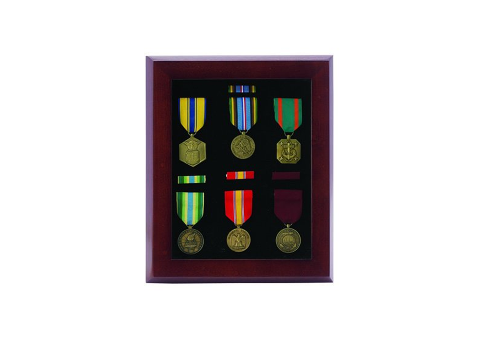 10 X 12 Inch walnut finish medal display case with glass cover and black velour insert, showcasing medals securely.