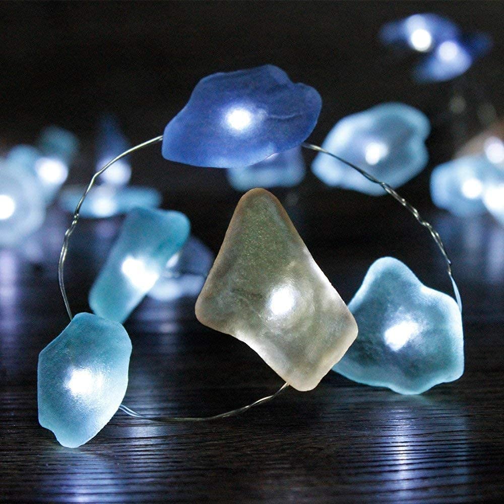 10ft sea glass string lights with 30 LEDs, showcasing vibrant colors and a nautical theme, perfect for summer outdoor decor.