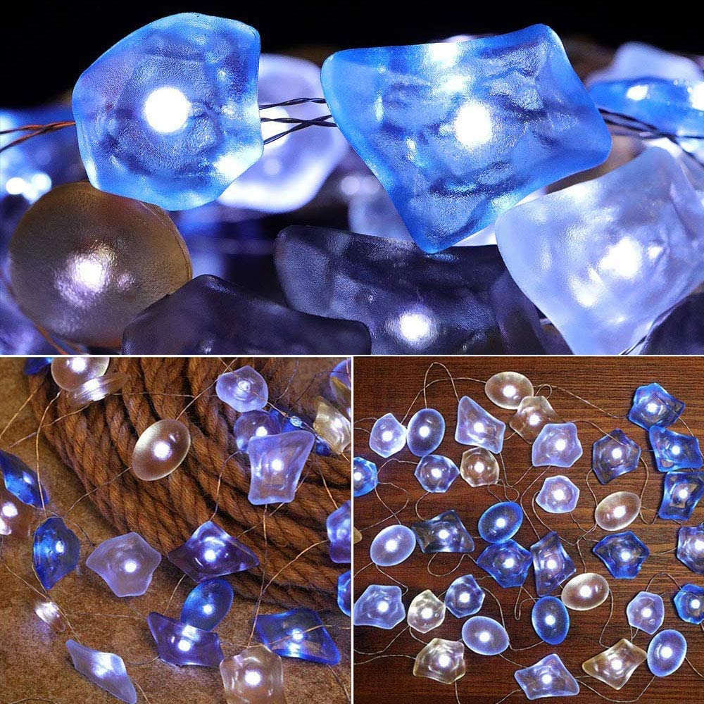 10ft sea glass string lights with 30 LEDs, showcasing vibrant colors and a nautical theme, perfect for summer outdoor decor.