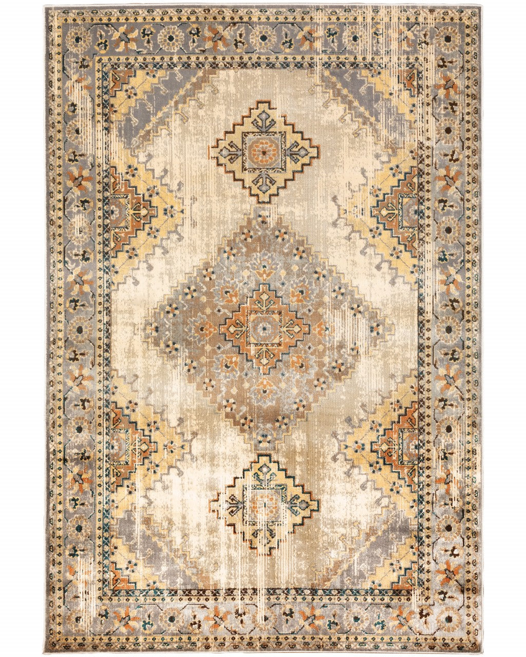 A 10x13 inches gray and beige Aztec pattern area rug featuring intricate floral designs and vintage diamond motifs.