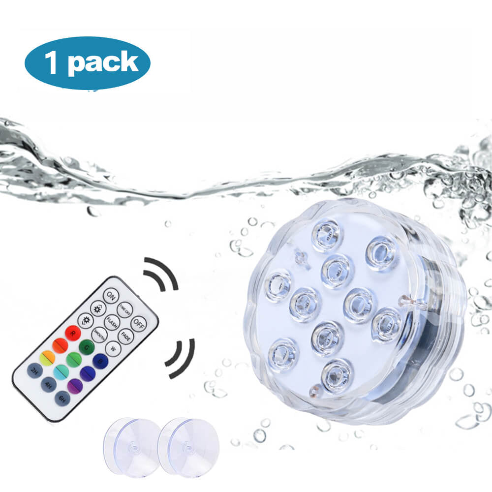 10 LED submersible lights with remote control, designed for underwater use, showcasing vibrant colors and easy installation.