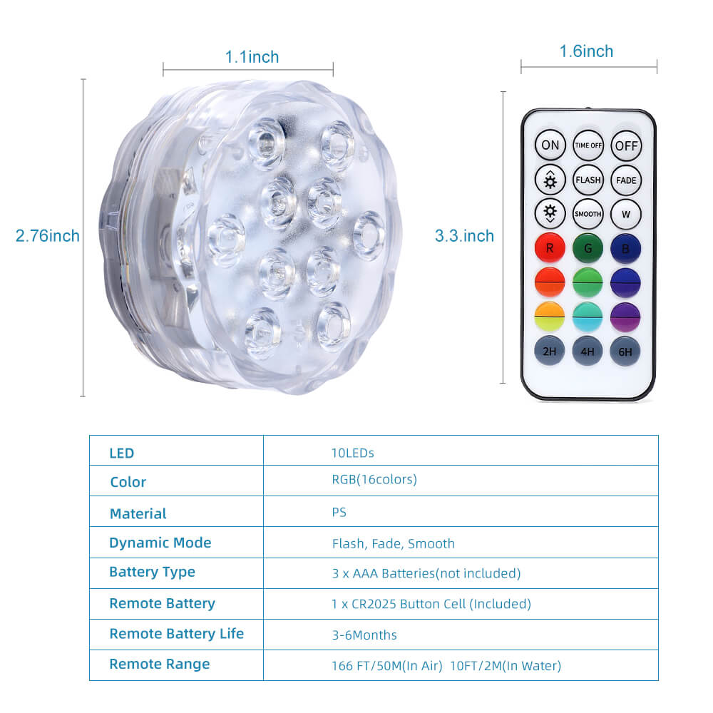 10 LED submersible lights with remote control, designed for underwater use, showcasing vibrant colors and easy installation.