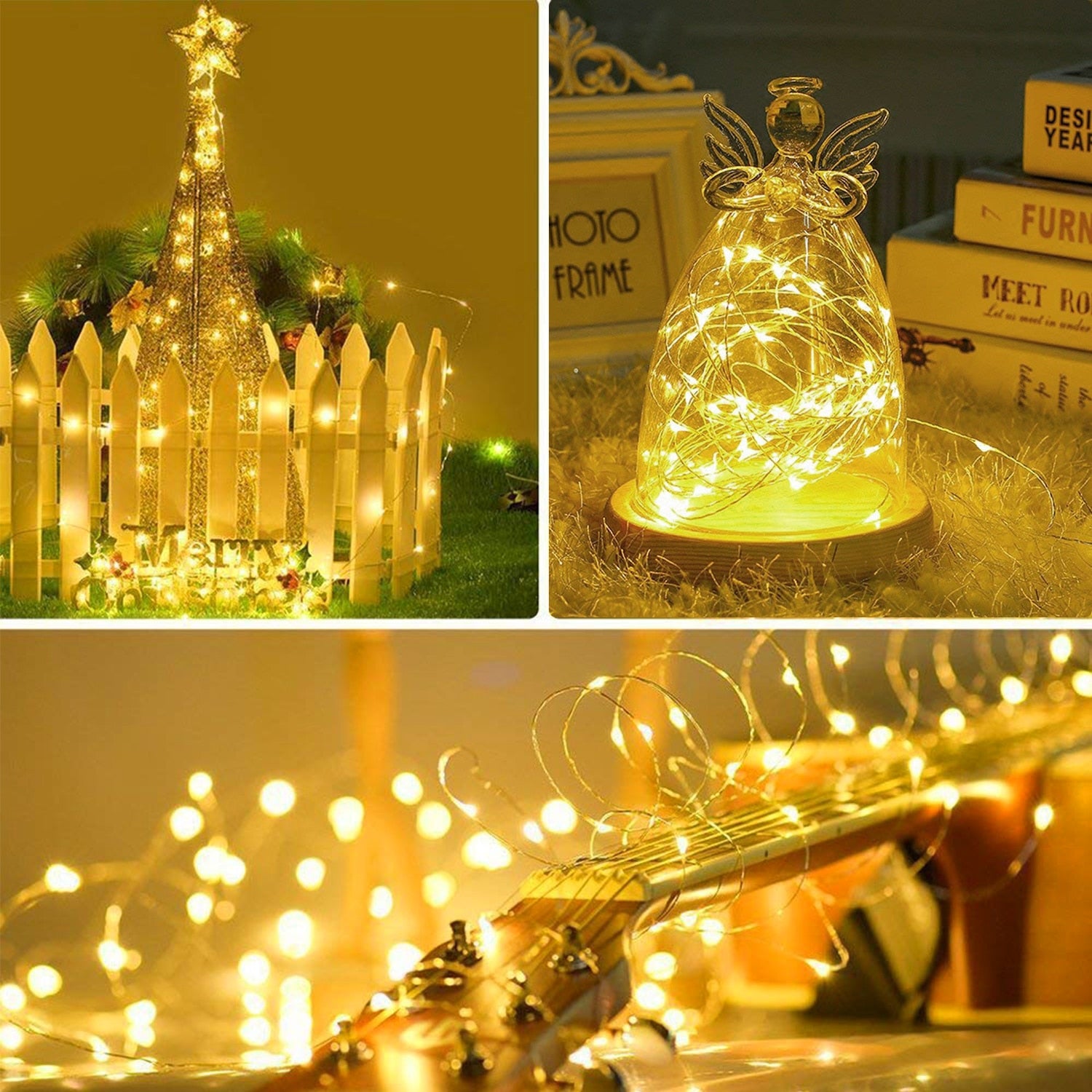 A collection of 12 pack battery-operated LED fairy lights in various colors, perfect for indoor and outdoor decoration.