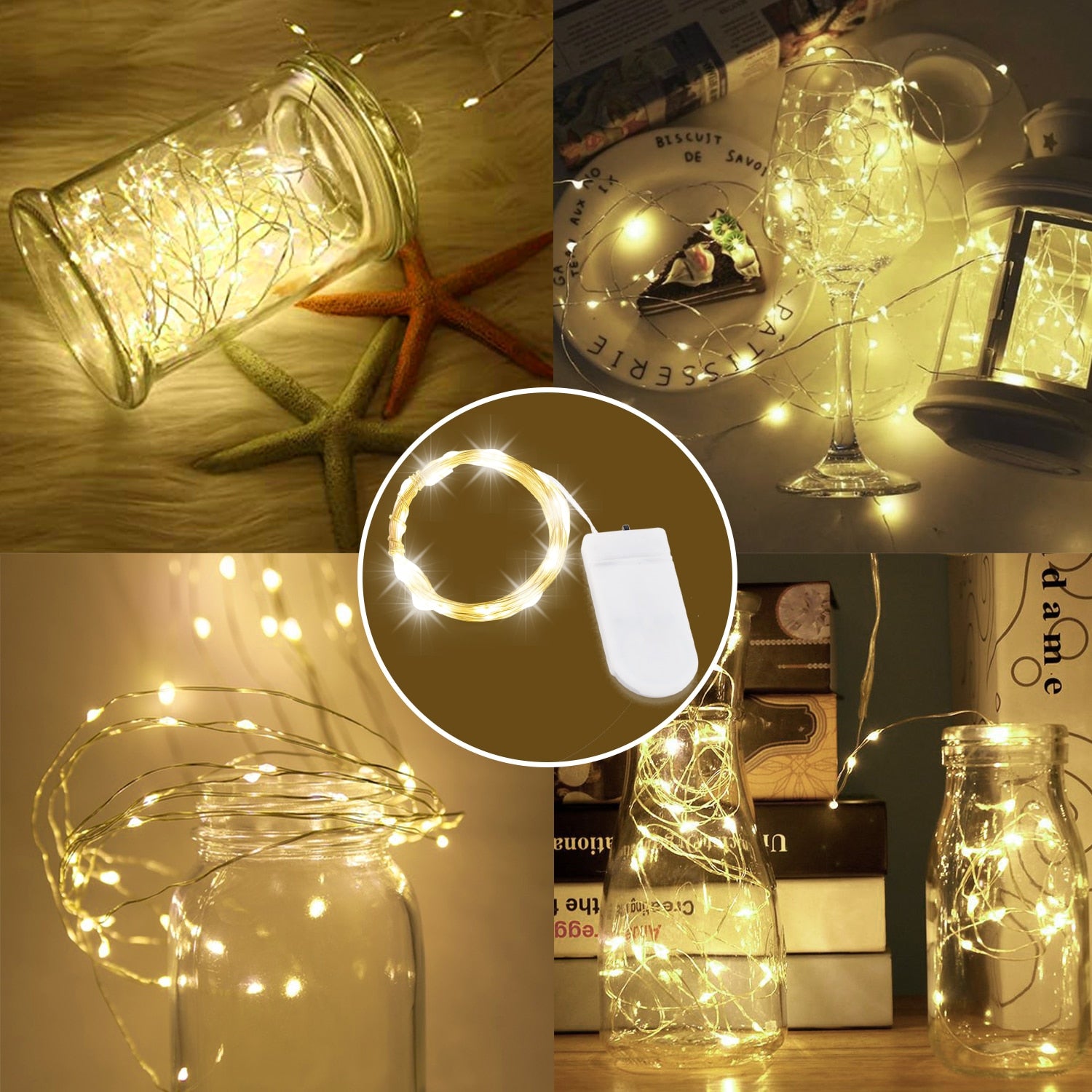 A collection of 12 pack battery-operated LED fairy lights in various colors, perfect for indoor and outdoor decoration.