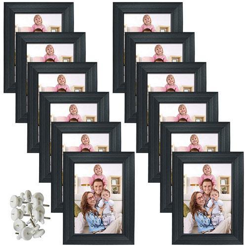 A set of 12 black picture frames designed for 3.5x5-inch photos, showcasing a classic and elegant style suitable for desktop or wall display.