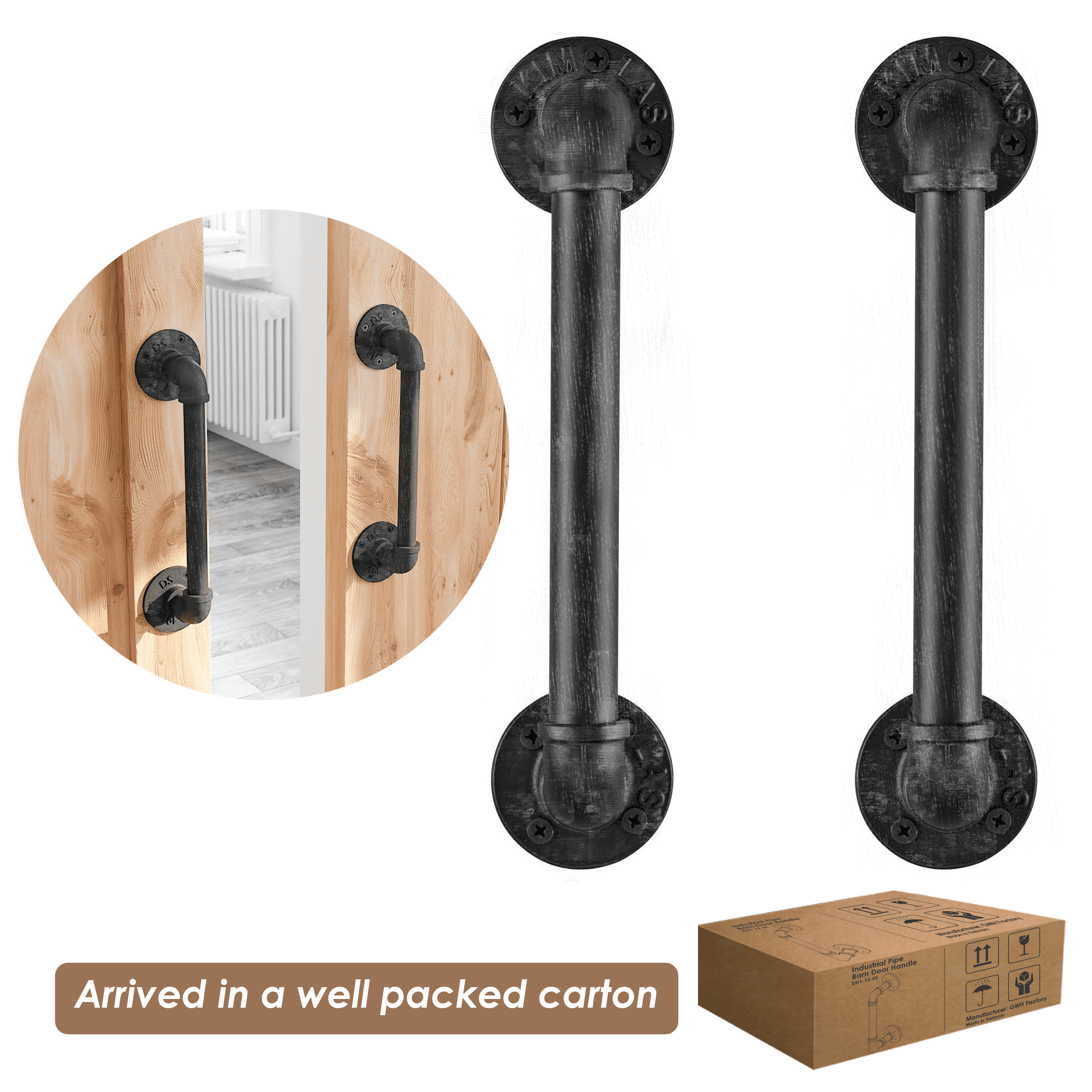 12-inch black brush silver industrial barn door handles made of galvanized steel, showcasing a rustic farmhouse style.