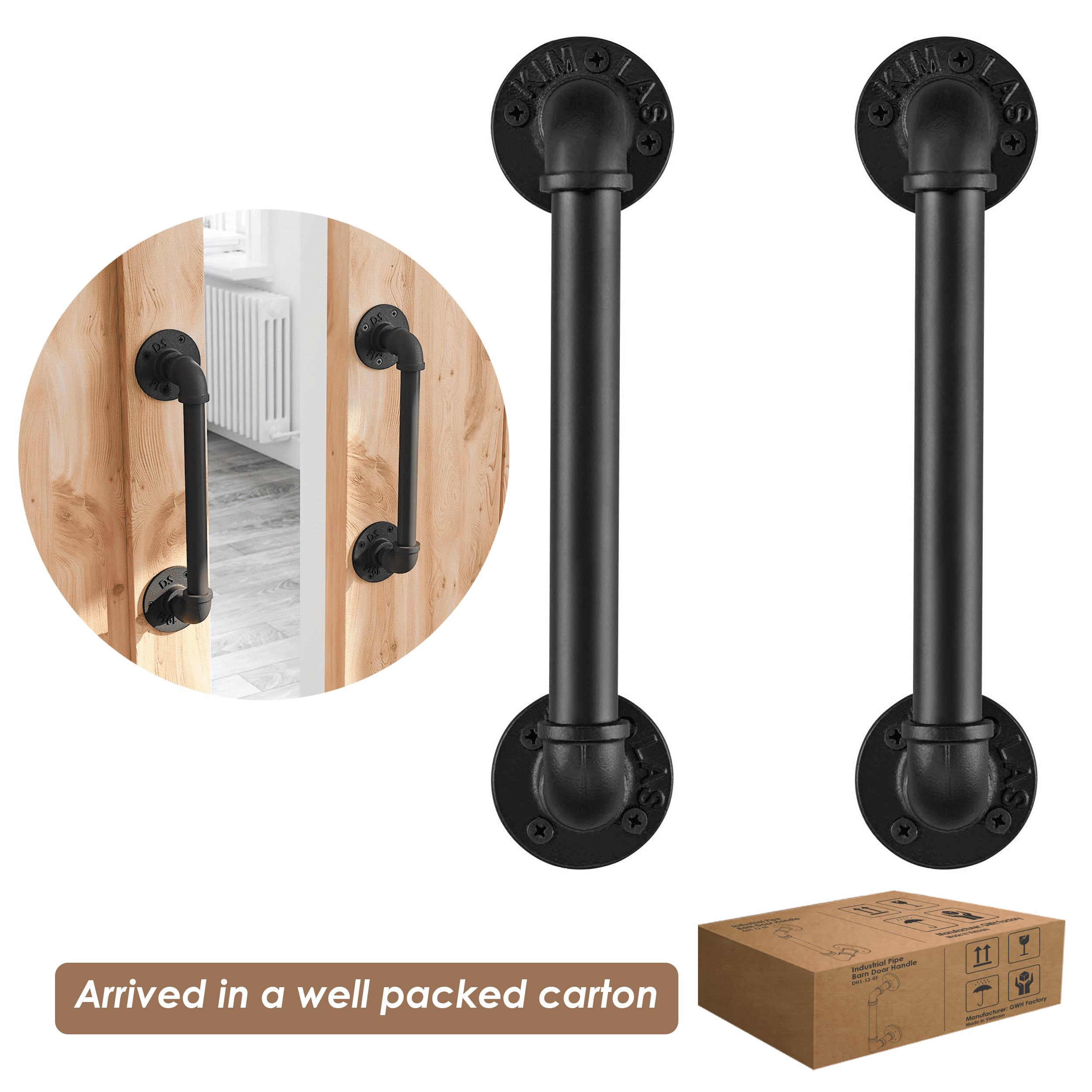 A pair of 12-inch black industrial barn door handles made of high-quality galvanized steel, showcasing a rustic design suitable for various door styles.