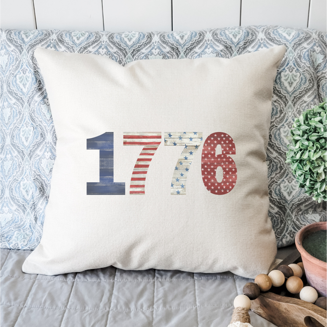 1776 Pillow Cover featuring a patriotic design on soft linen fabric, with a hidden zipper and light beige base color.