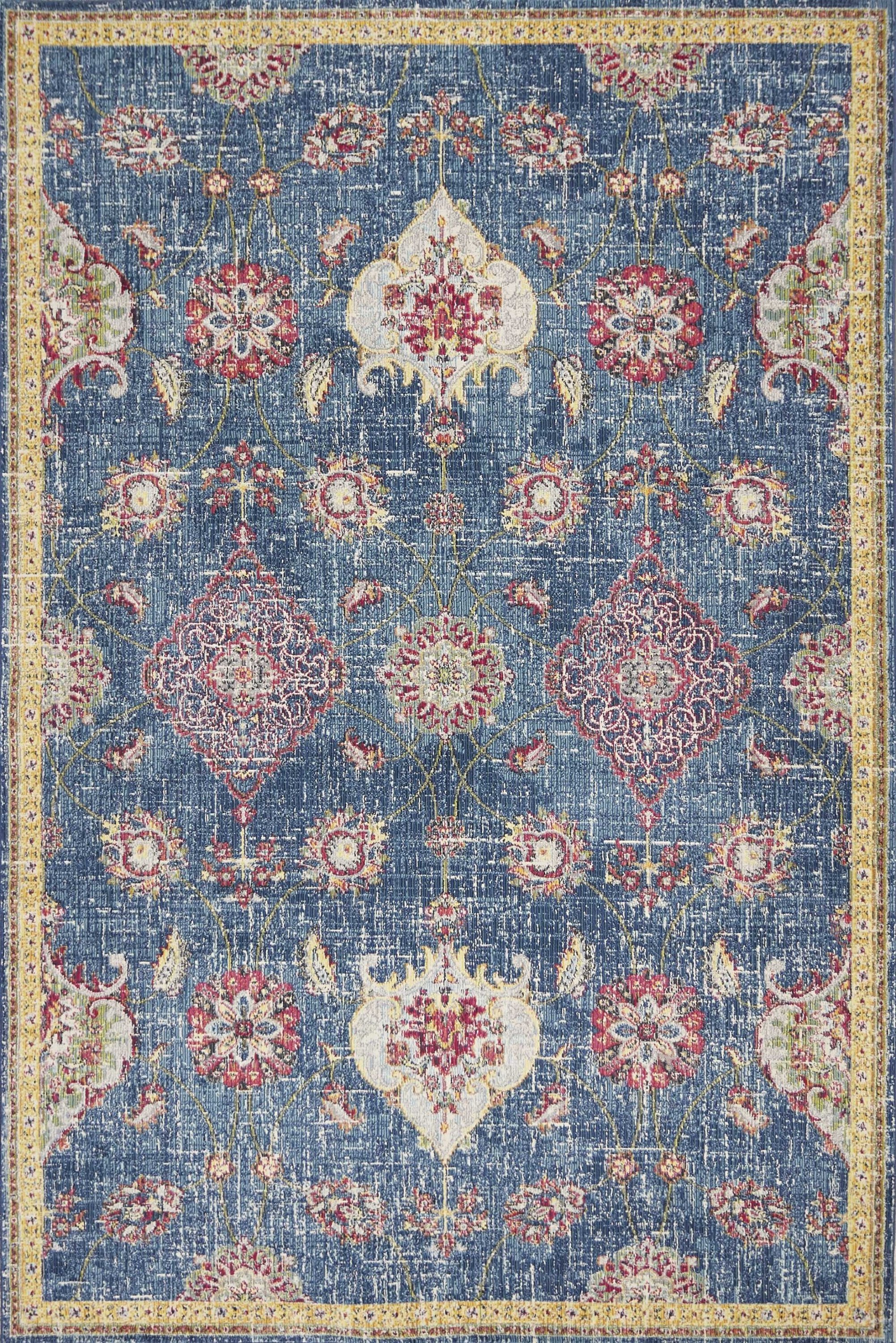 A large 118" x 158" blue polypropylene rug featuring intricate patterns, perfect for enhancing home decor.