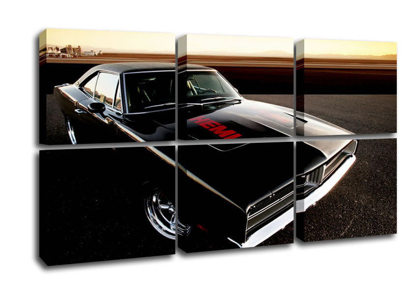 A vibrant canvas print of a 1969 Dodge Hemi Charger, mounted on a 44mm box frame, showcasing its iconic design.