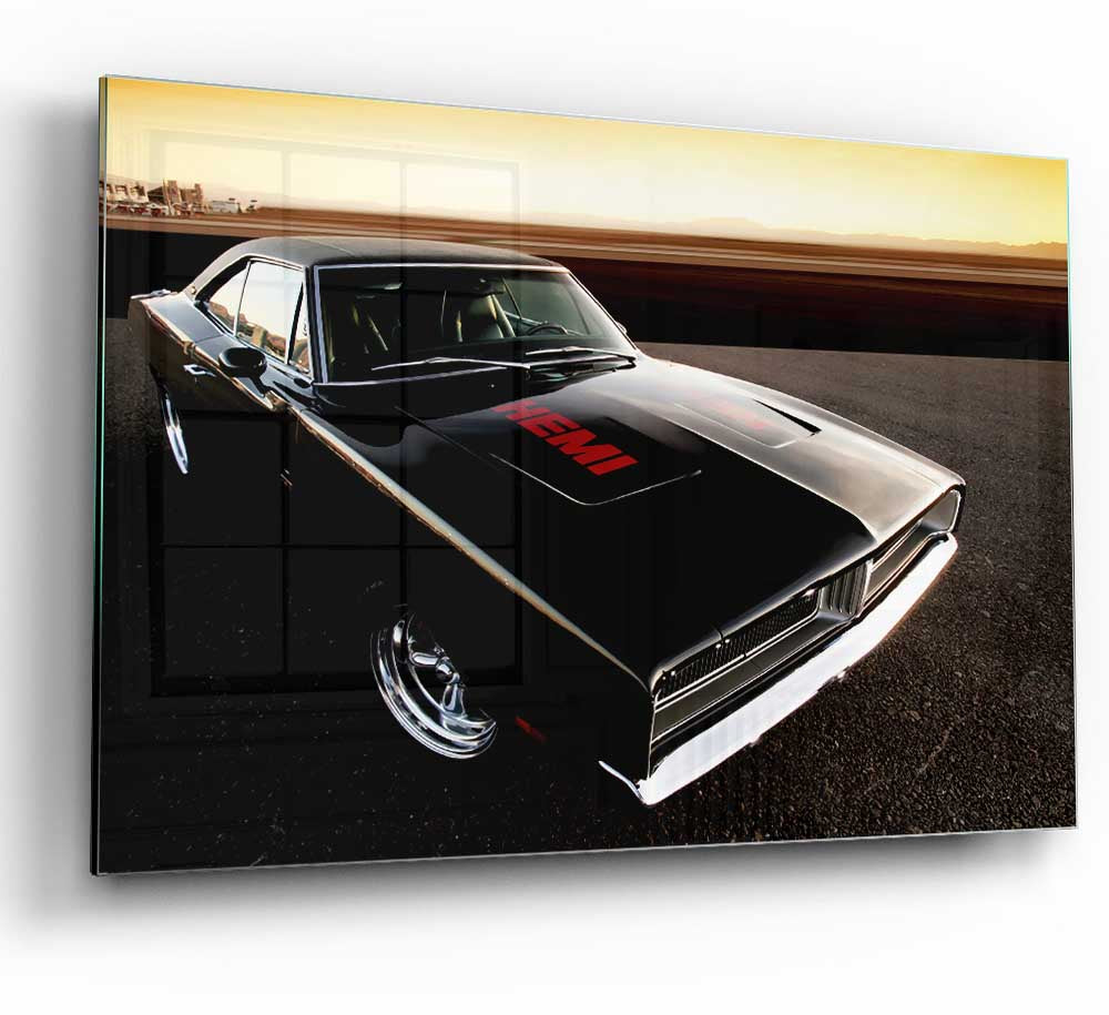 A vibrant glass print featuring the iconic 1969 Dodge Hemi Charger, showcasing its sleek design and powerful stance.