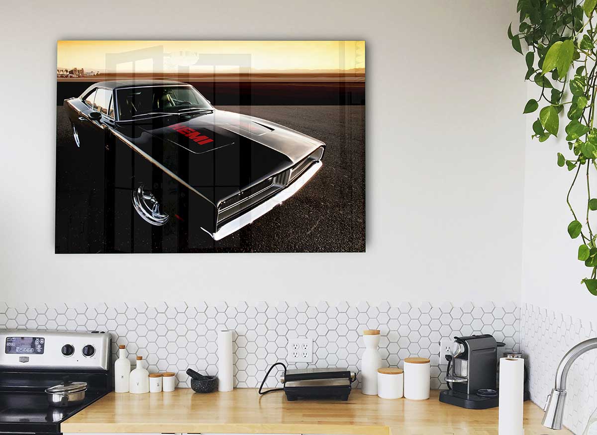 A vibrant glass print featuring the iconic 1969 Dodge Hemi Charger, showcasing its sleek design and powerful stance.