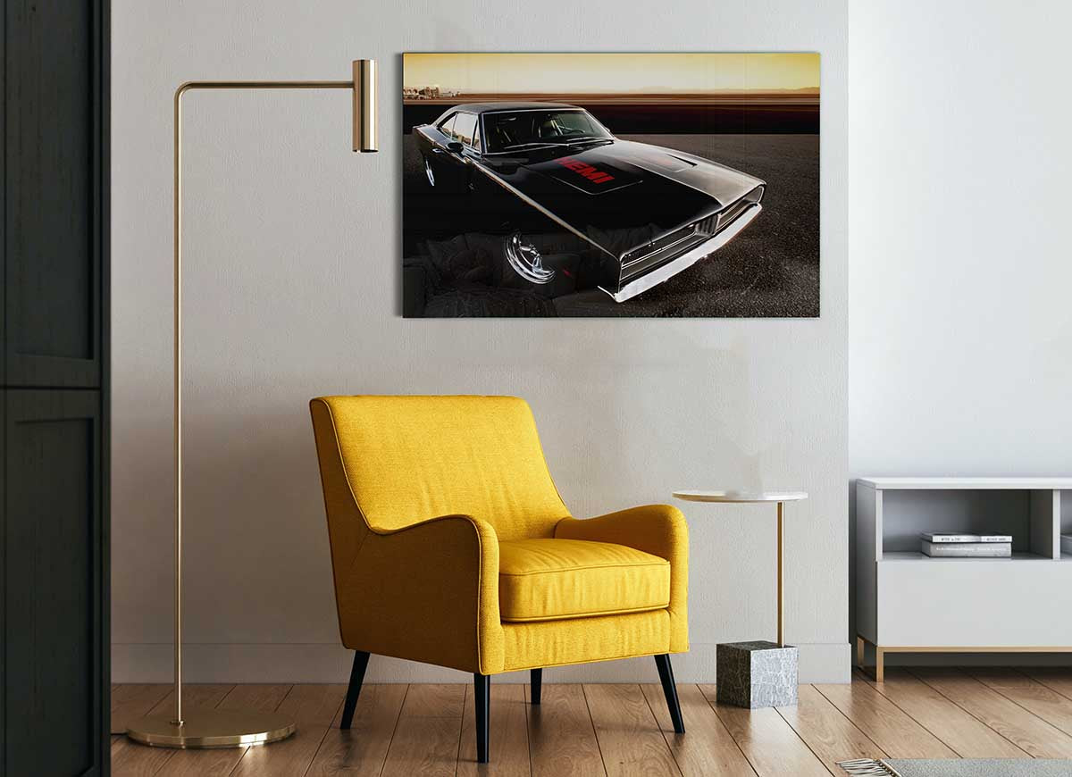 A vibrant glass print featuring the iconic 1969 Dodge Hemi Charger, showcasing its sleek design and powerful stance.