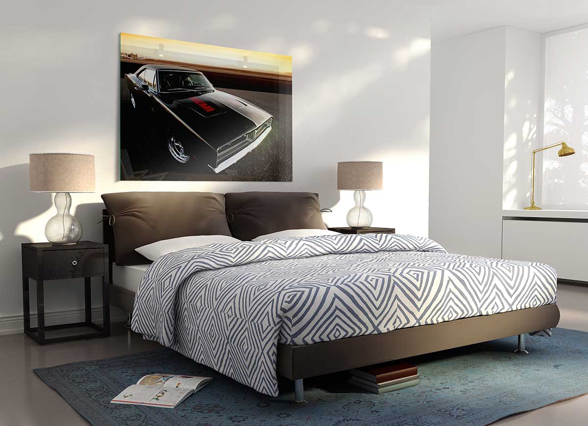 A vibrant glass print featuring the iconic 1969 Dodge Hemi Charger, showcasing its sleek design and powerful stance.