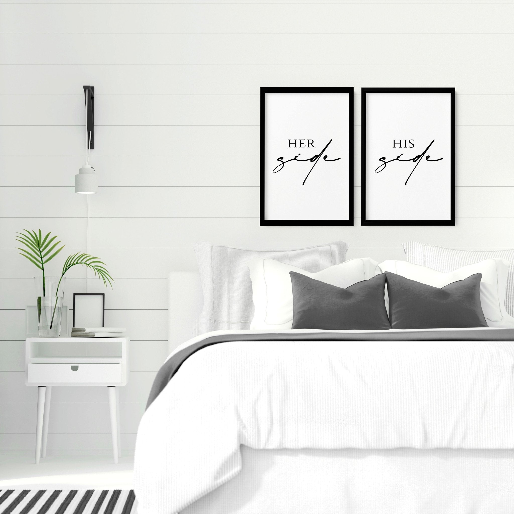 Set of 2 wall art prints featuring 'Her Side' and 'His Side' in elegant typography, perfect for bedroom decor.