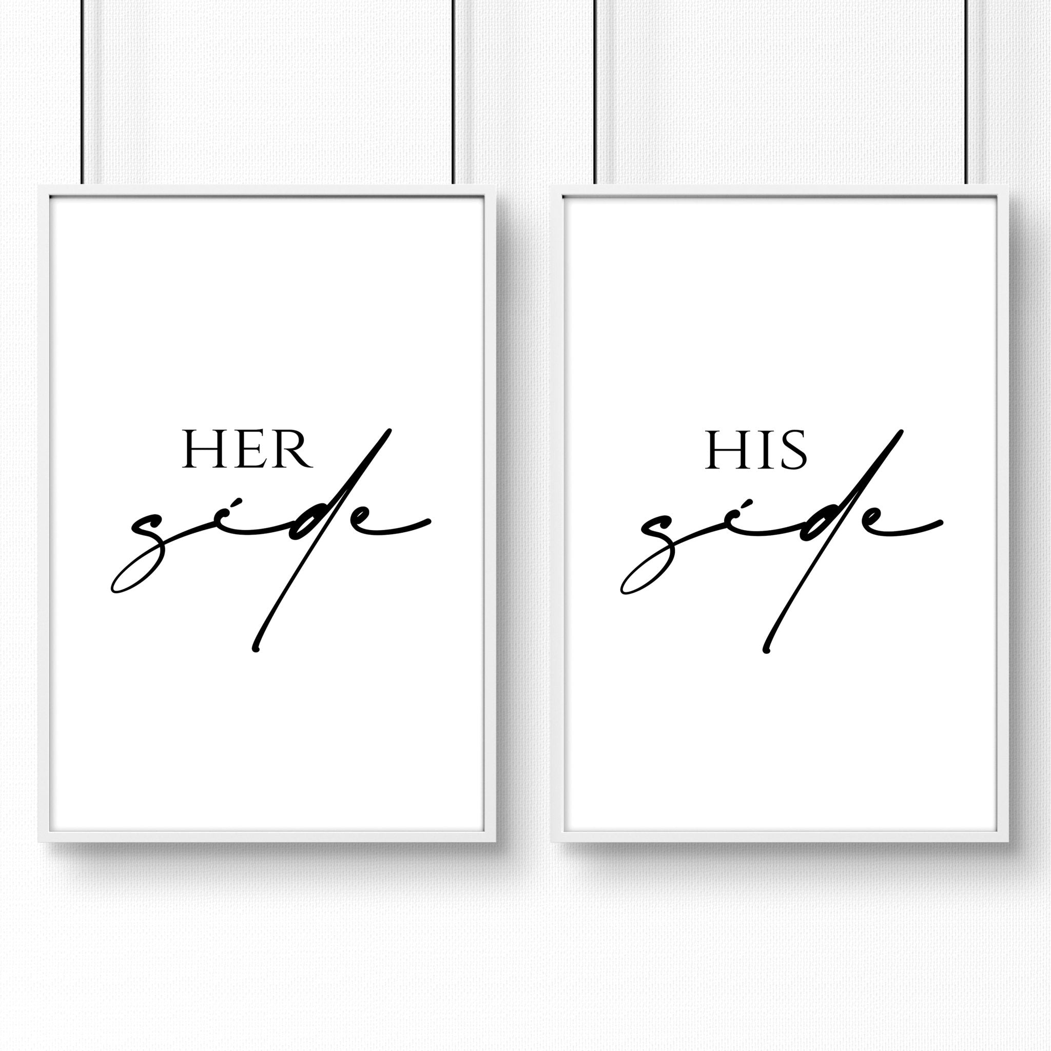 Set of 2 wall art prints featuring 'Her Side' and 'His Side' in elegant typography, perfect for bedroom decor.