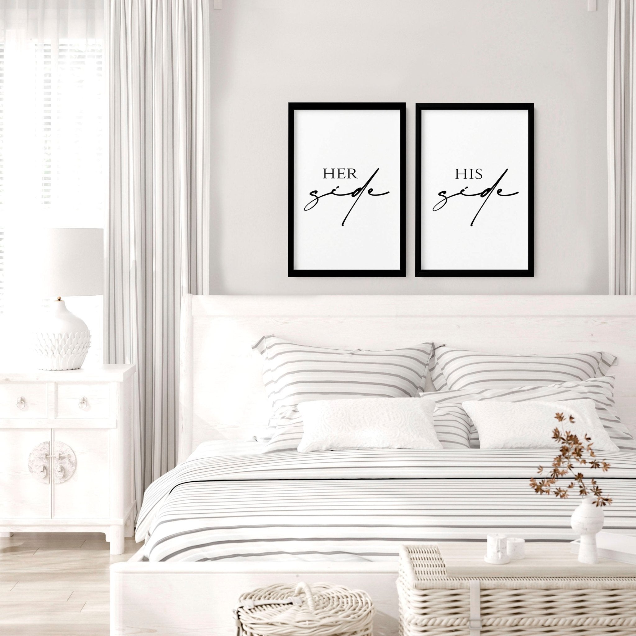 Set of 2 wall art prints featuring 'Her Side' and 'His Side' in elegant typography, perfect for bedroom decor.