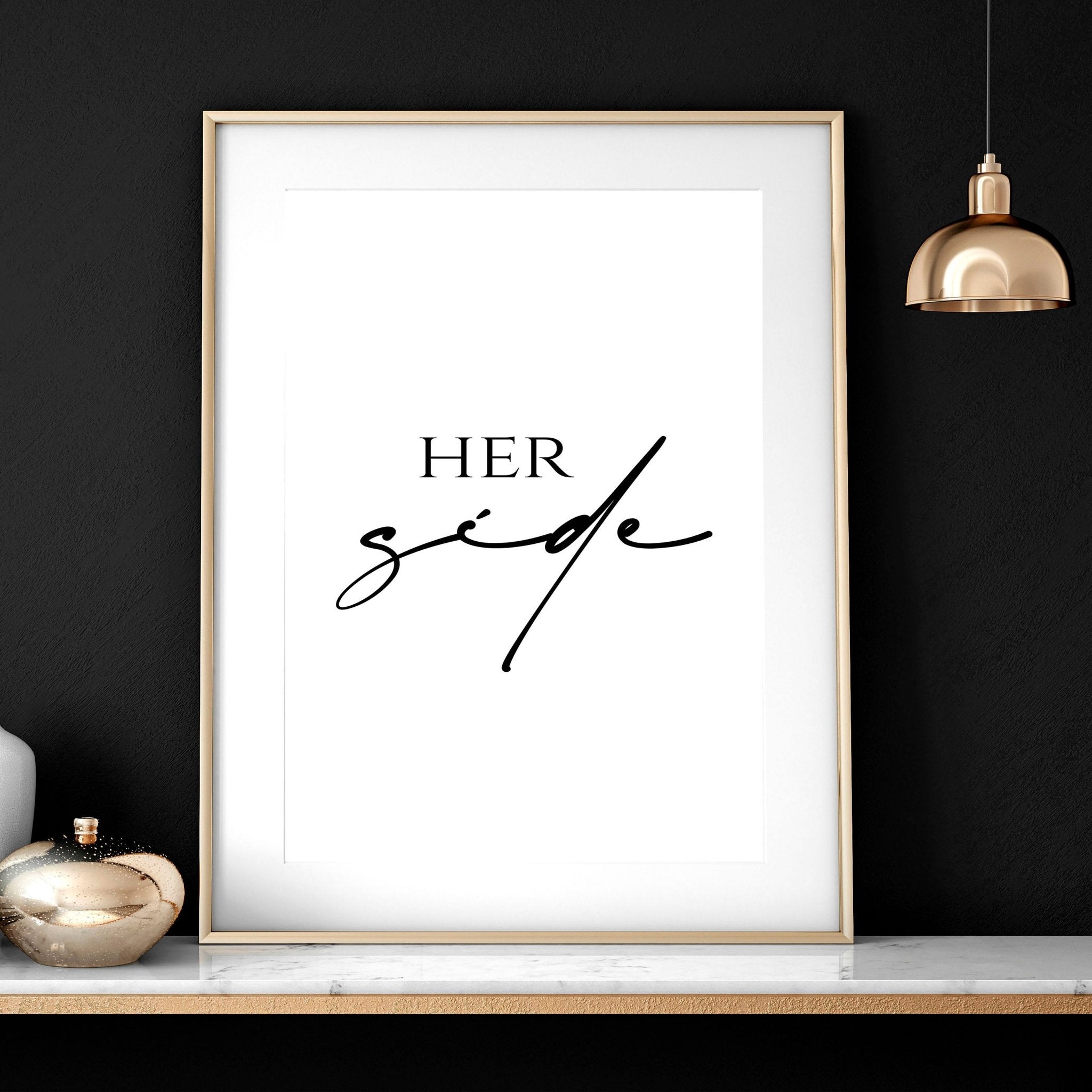 Set of 2 wall art prints featuring 'Her Side' and 'His Side' in elegant typography, perfect for bedroom decor.