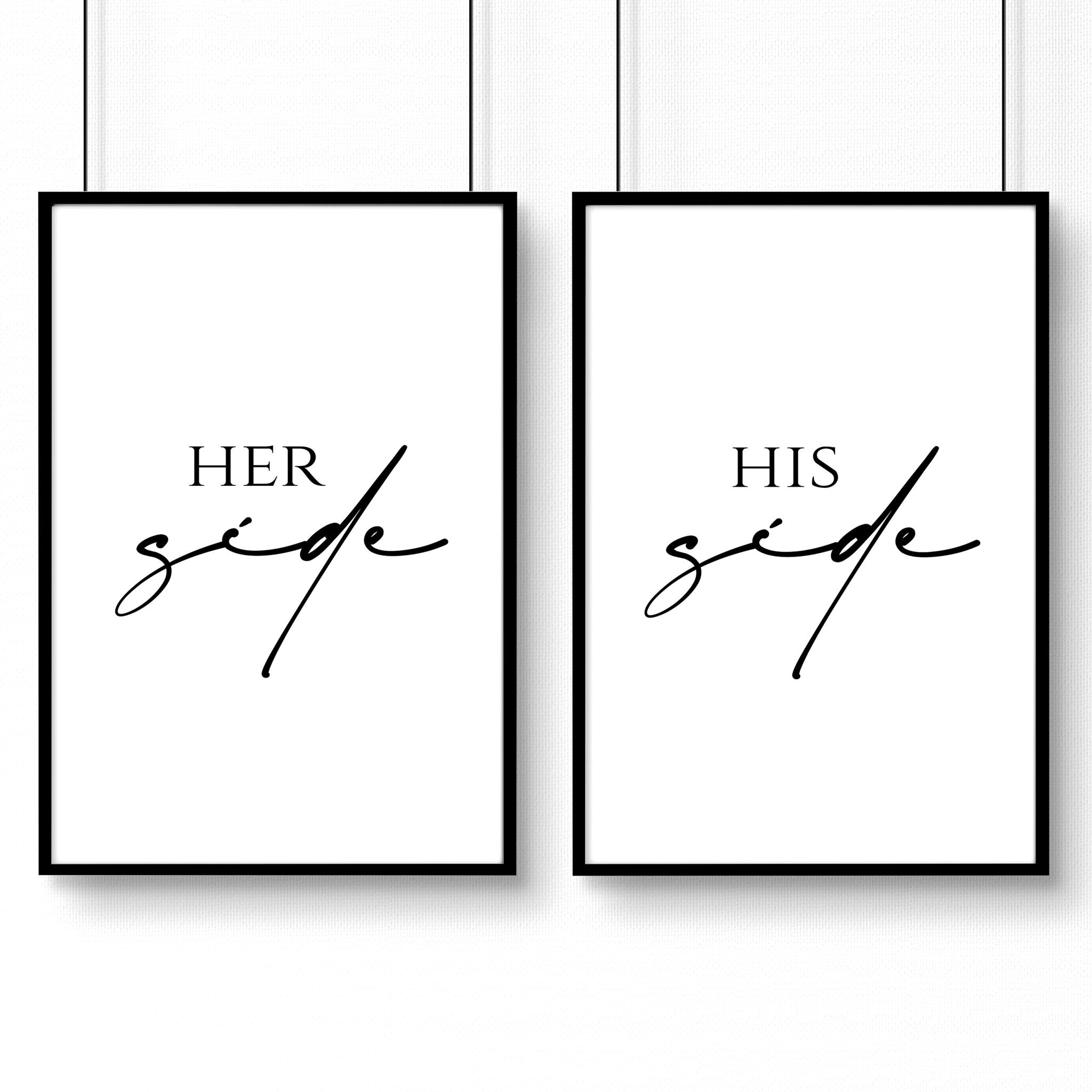 Set of 2 wall art prints featuring 'Her Side' and 'His Side' in elegant typography, perfect for bedroom decor.