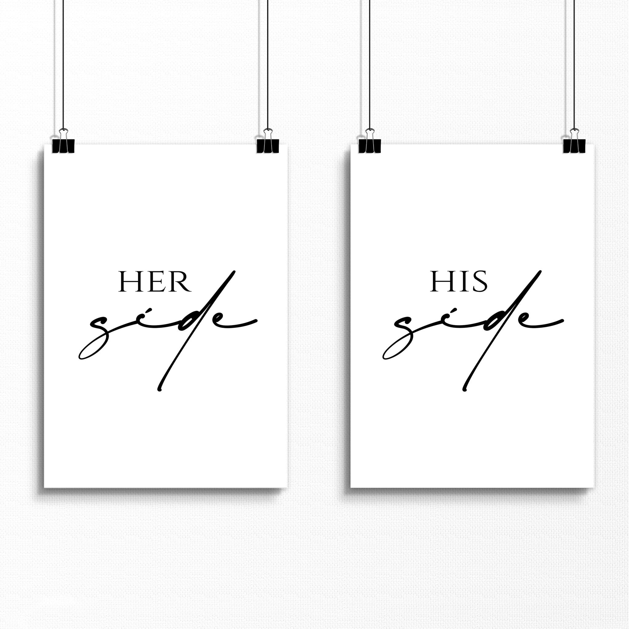 Set of 2 wall art prints featuring 'Her Side' and 'His Side' in elegant typography, perfect for bedroom decor.