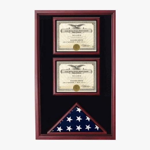 Black flag display case holding two military certificates and an American flag, made from premium wood.