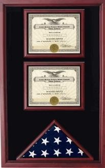 Cherry wood 2 Certificates Flag Display Case showcasing military awards and an American flag, featuring Plexiglass protection.