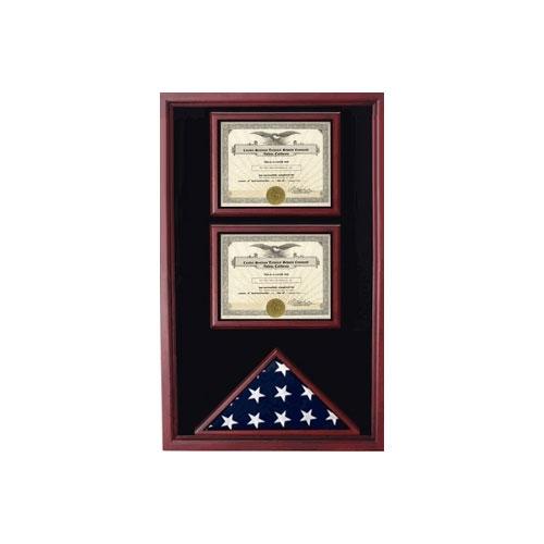 Elegant 2 Certificates Flag Display Case made of Cherry or Oak wood, showcasing a 3'x5' American flag and military certificates under Plexiglass.