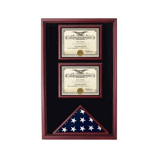 Black 2 Documents Flag Display Case showcasing military documents and an American flag, crafted from premium wood with Plexiglass protection.