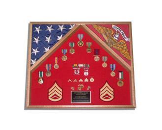 2 Flag Military Shadow Box in Oak displaying two flags and memorabilia, featuring a rich wood finish and customizable background.