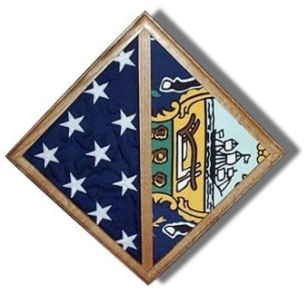 A handcrafted 2 Flags Wall Mounted Case displaying two flags, showcasing quality craftsmanship by a veteran.