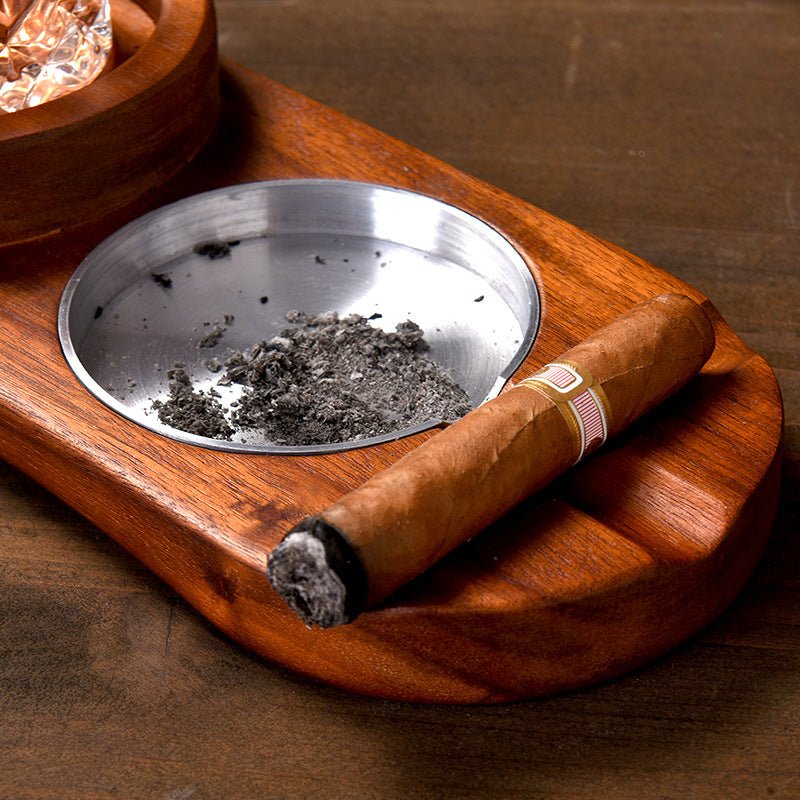 A rustic wooden tray designed for holding whiskey glasses and cigars, featuring a natural wood grain finish and a 2 in 1 design.