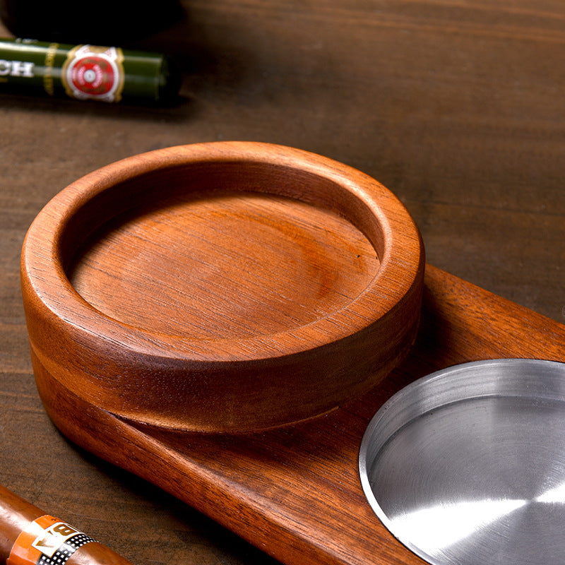 A rustic wooden tray designed for holding whiskey glasses and cigars, featuring a natural wood grain finish and a 2 in 1 design.