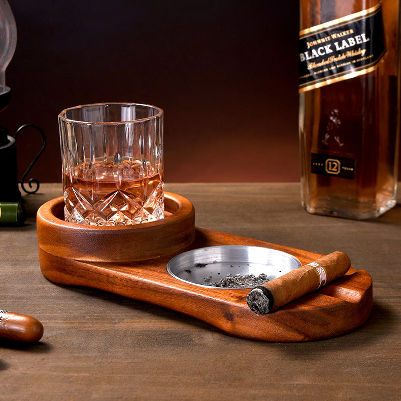 A rustic wooden tray designed for holding whiskey glasses and cigars, featuring a natural wood grain finish and a 2 in 1 design.