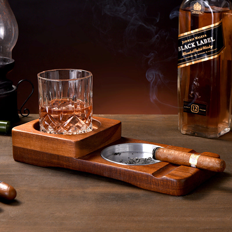 A rustic wooden tray designed for holding whiskey glasses and cigars, featuring a natural wood grain finish and a 2 in 1 design.