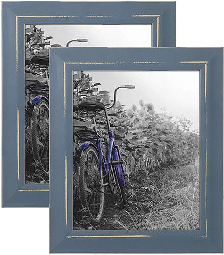 Two 8x10 blue rustic picture frames with polished glass fronts, showcasing family photos, designed for wall hanging or tabletop display.