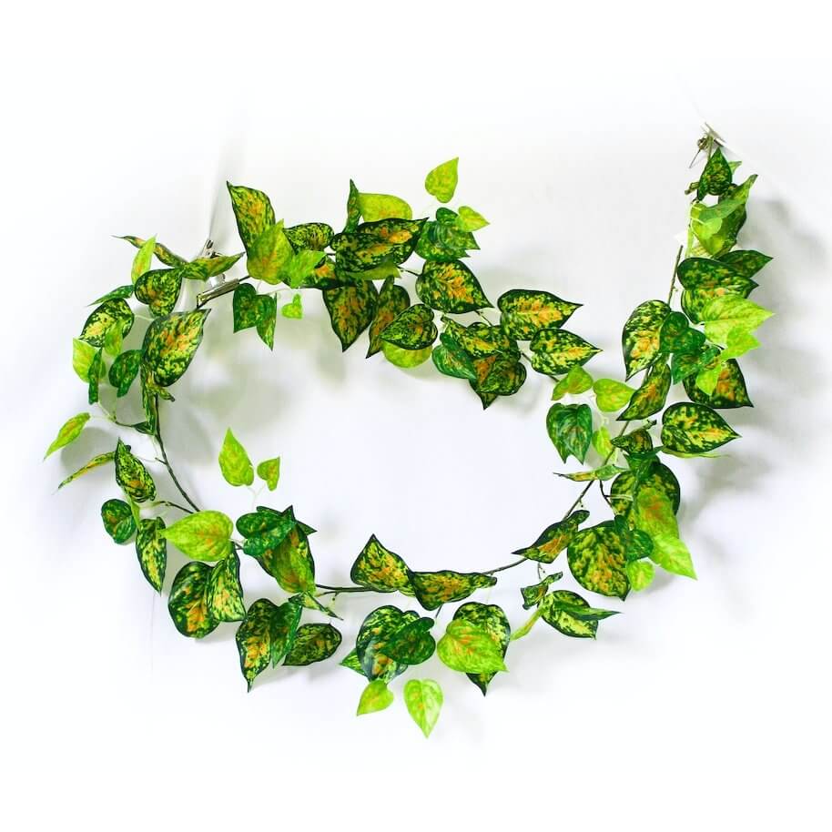 Two long artificial red pothos garlands, each measuring 1.9 meters, perfect for floral arrangements and home decor.