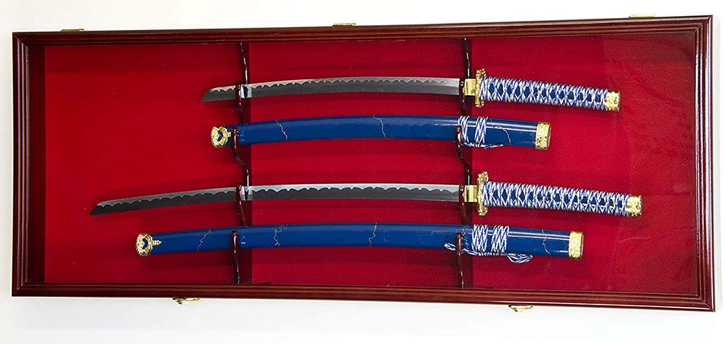 Cherry wood sword display case with acrylic door, showcasing two swords securely mounted.