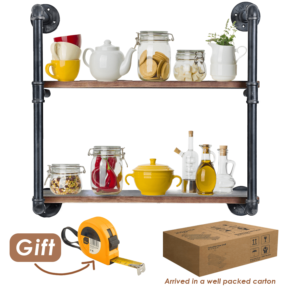 2 Tier - 24in Industrial Pipe Shelving made of solid pine wood and galvanized steel, showcasing a rustic industrial design.