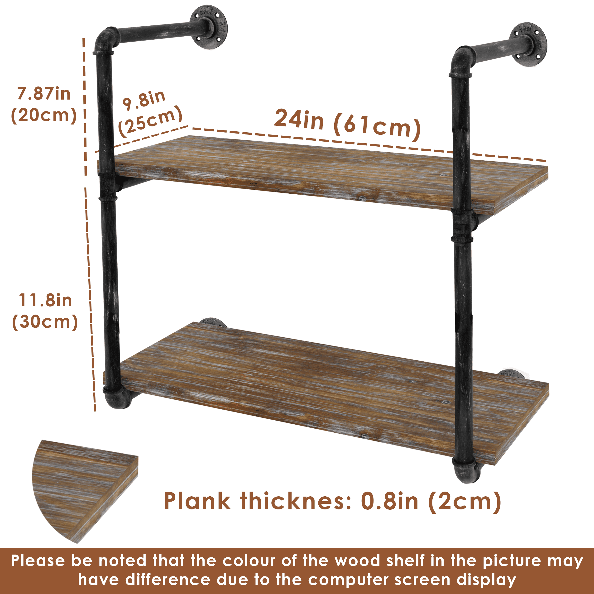 2 Tier - 24in Industrial Pipe Shelving made of solid pine wood and galvanized steel, showcasing a rustic industrial design.