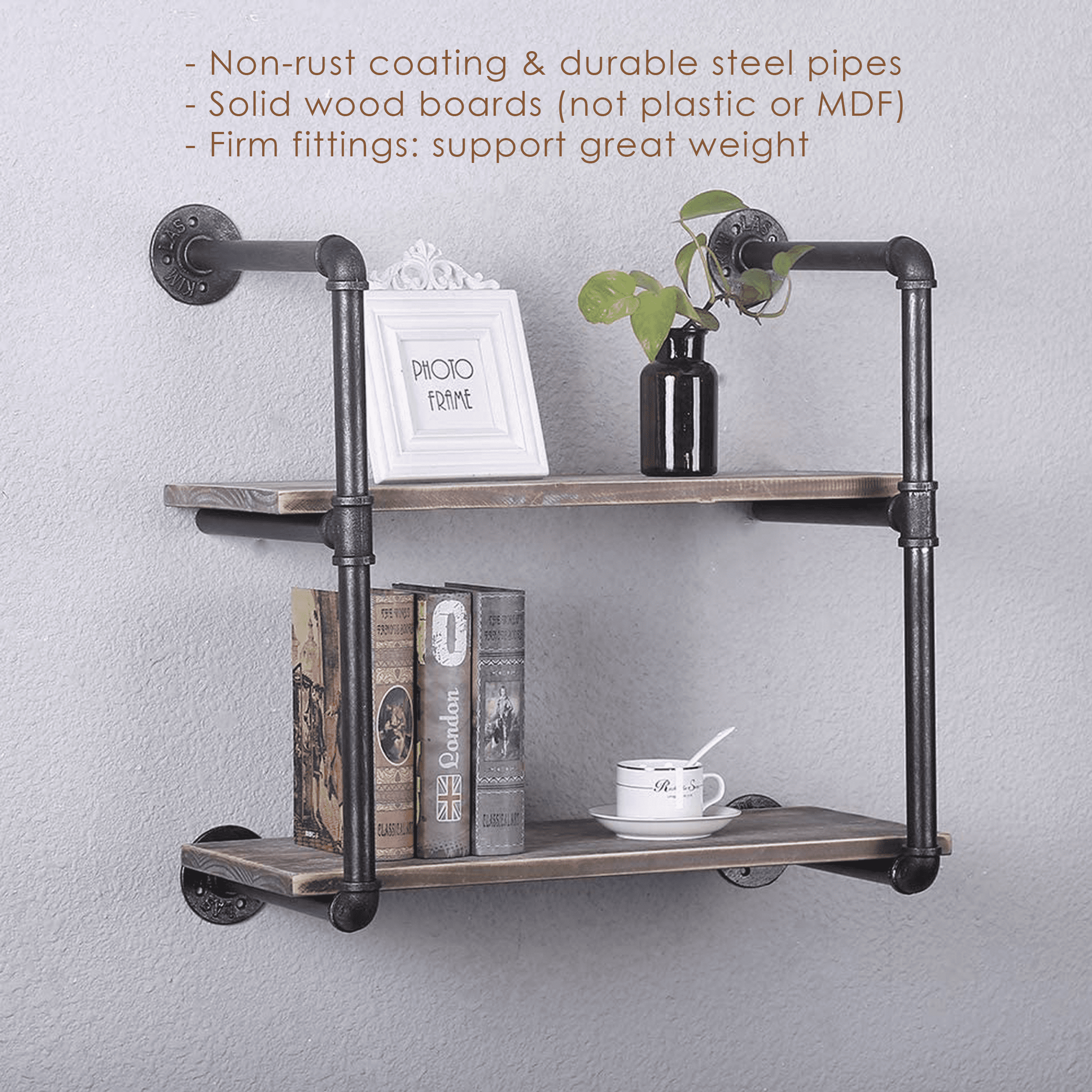 2 Tier - 24in Industrial Pipe Shelving made of solid pine wood and galvanized steel, showcasing a rustic industrial design.