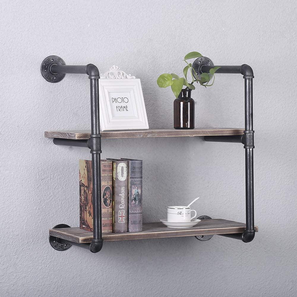 2 Tier - 24in Industrial Pipe Shelving made of solid pine wood and galvanized steel, showcasing a rustic industrial design.