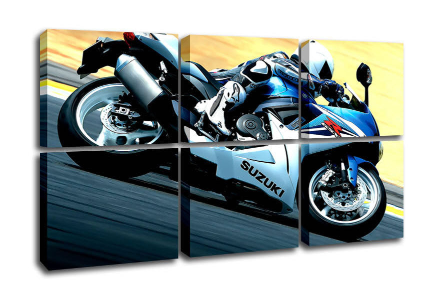 2011 Suzuki Gsx R600 canvas art mounted on a box frame, showcasing vibrant colors and detailed design.