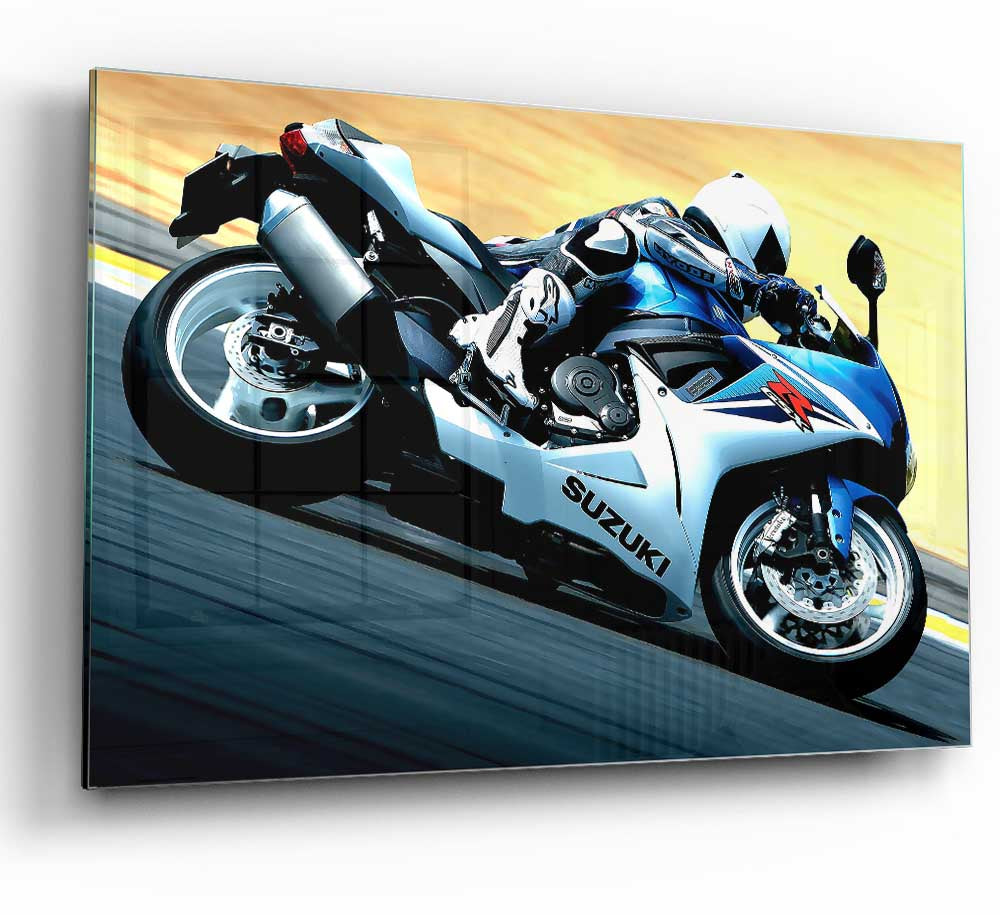 2011 Suzuki Gsx R600 glass print showcasing vibrant motorcycle art.