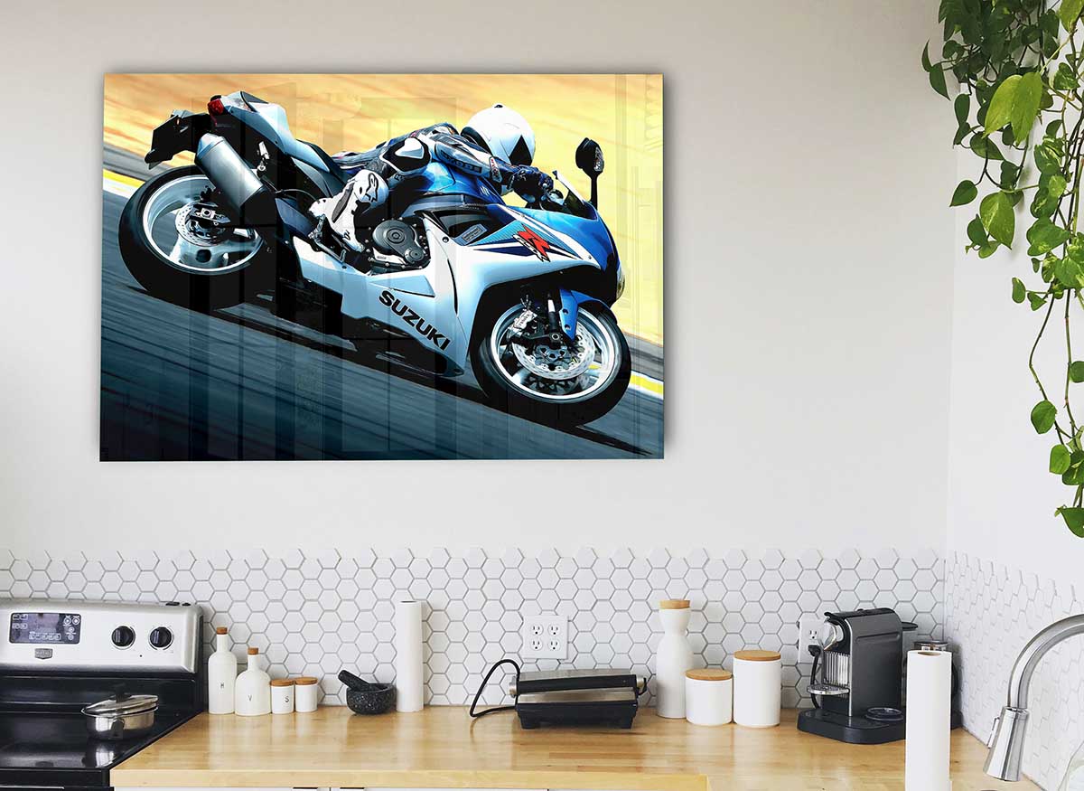 2011 Suzuki Gsx R600 glass print showcasing vibrant motorcycle art.